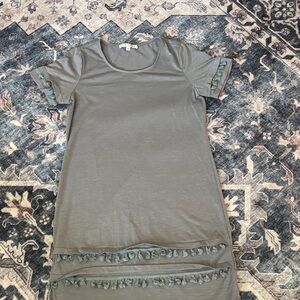 Waffle Weave Olive Green Tassel Hem Short Sleeve Dress